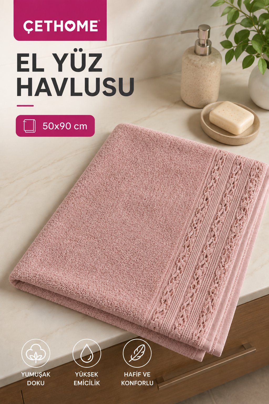 ÇetHome Pembe Renk Motifli El Yüz Havlusu