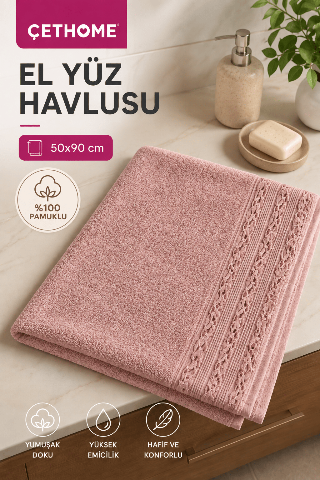 ÇetHome Pembe Renk Motifli El Yüz Havlusu