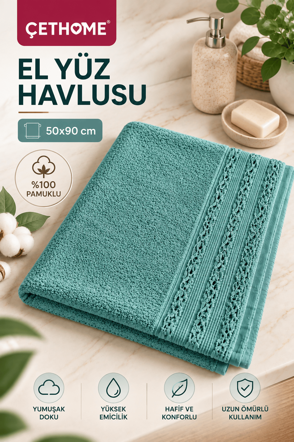 ÇetHome Turkuaz Renk Motifli El Yüz Havlusu
