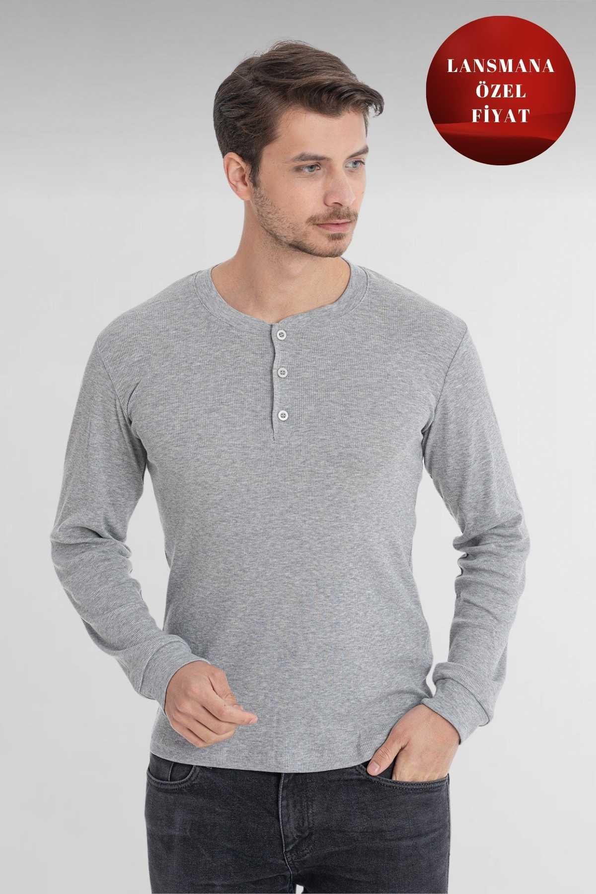 Erdem Gri Düğmeli Kaşkorse Uzun Kollu T-Shirt 1126