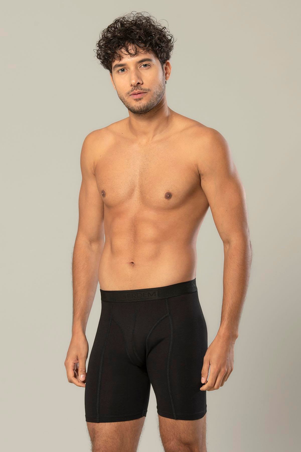 Erdem Siyah Pamuk Elastan Uzun Boxer 1416