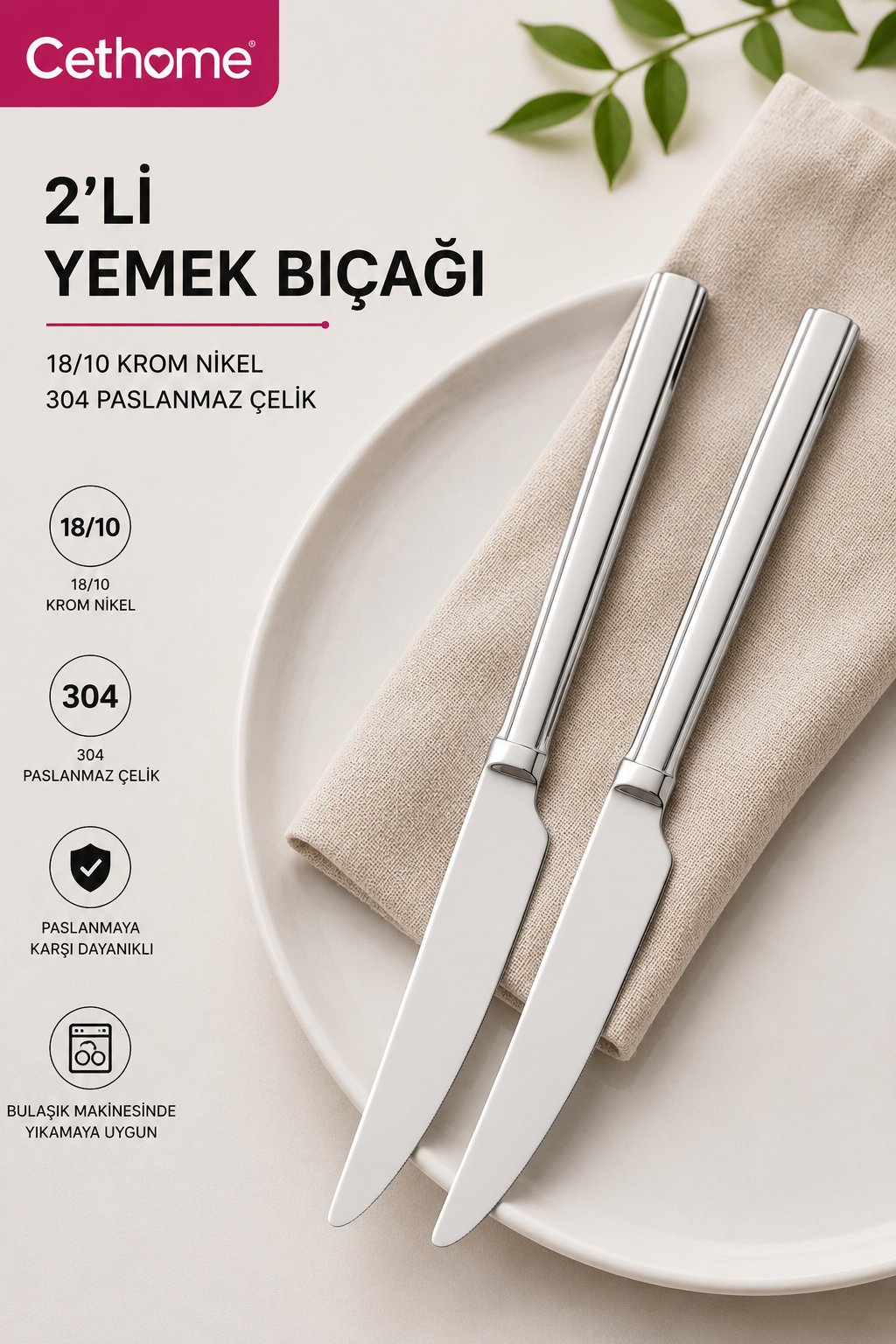 Gümüş Renk 2'li 18/10 Paslanmaz Çelik Yemek Bıçağı