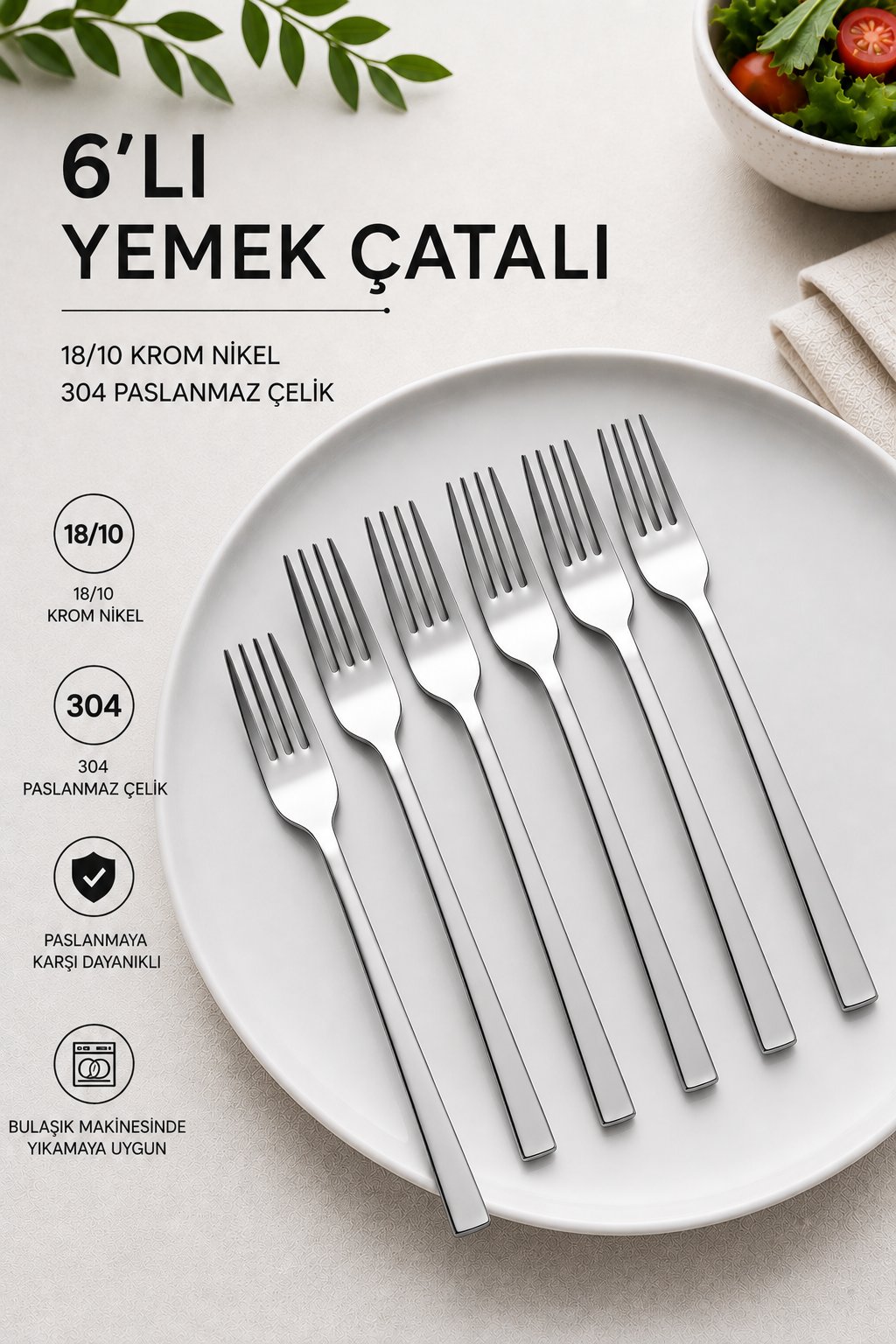 Gümüş Renk 6'lı 18/10 Paslanmaz Çelik Yemek Çatalı