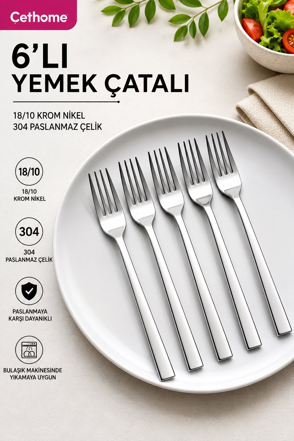 Gümüş Renk 6'lı 18/10 Paslanmaz Çelik Yemek Çatalı