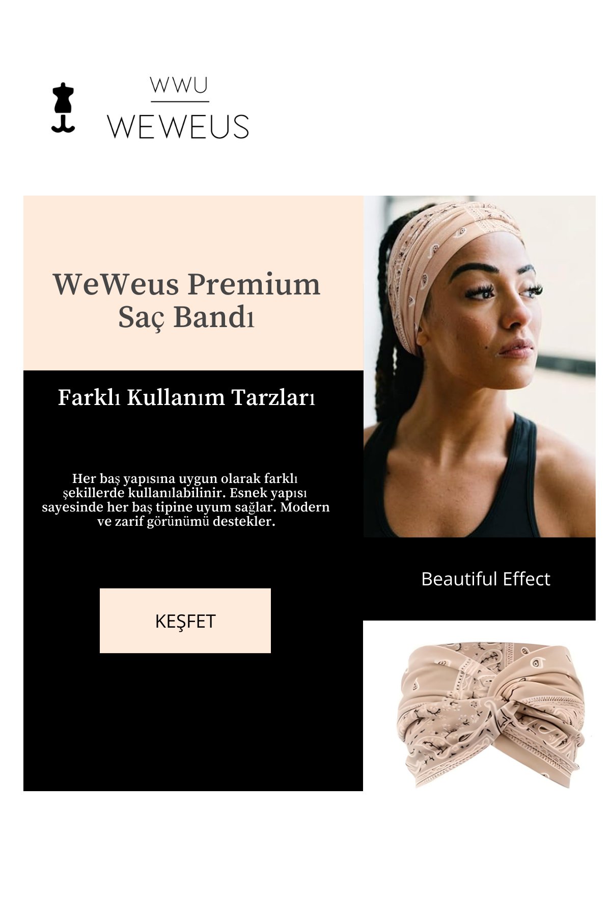 WeWeus Bej Krem Damla Desen  Kadın Saç Bandı