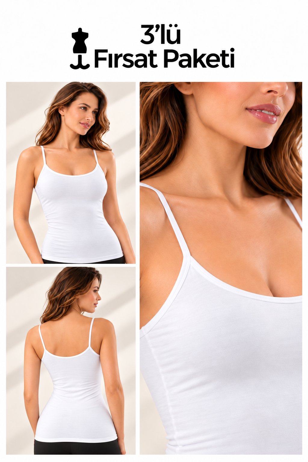 Weweus Beyaz 3'lü Micro Modal Premium Kadın İp Askılı Atlet Tiril Tiril Serinleten Etki Tshirt Body 21103