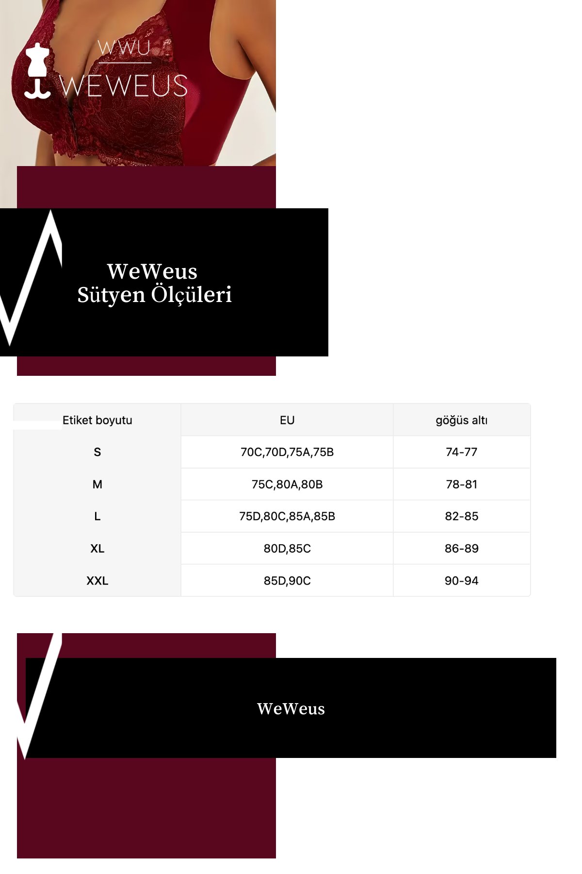 Weweus Bordo Önden Çıtçıtlı Dantelli Push Up Toparlayıcı Sütyen