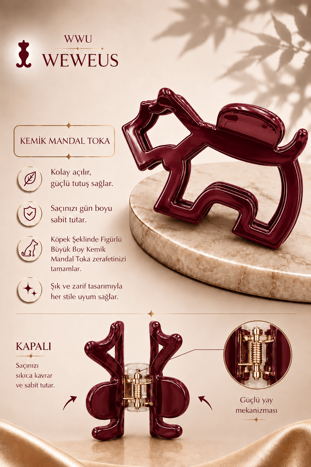 WeWeus Bordo Premium Köpek Şekilli Kemik Mandal Toka
