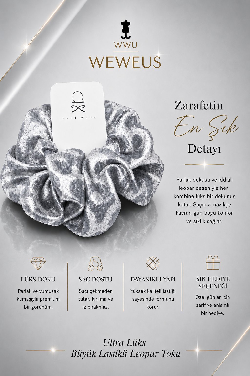 WeWeus Büyük Gri Leopar Premium Saten Lastik Scrunchie Toka