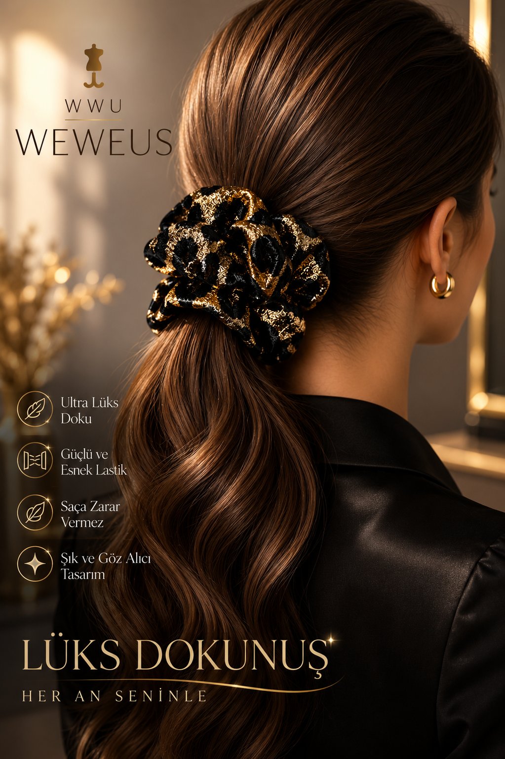 WeWeus Büyük Siyah Gold Leopar Premium Saten Lastik Scrunchie Toka
