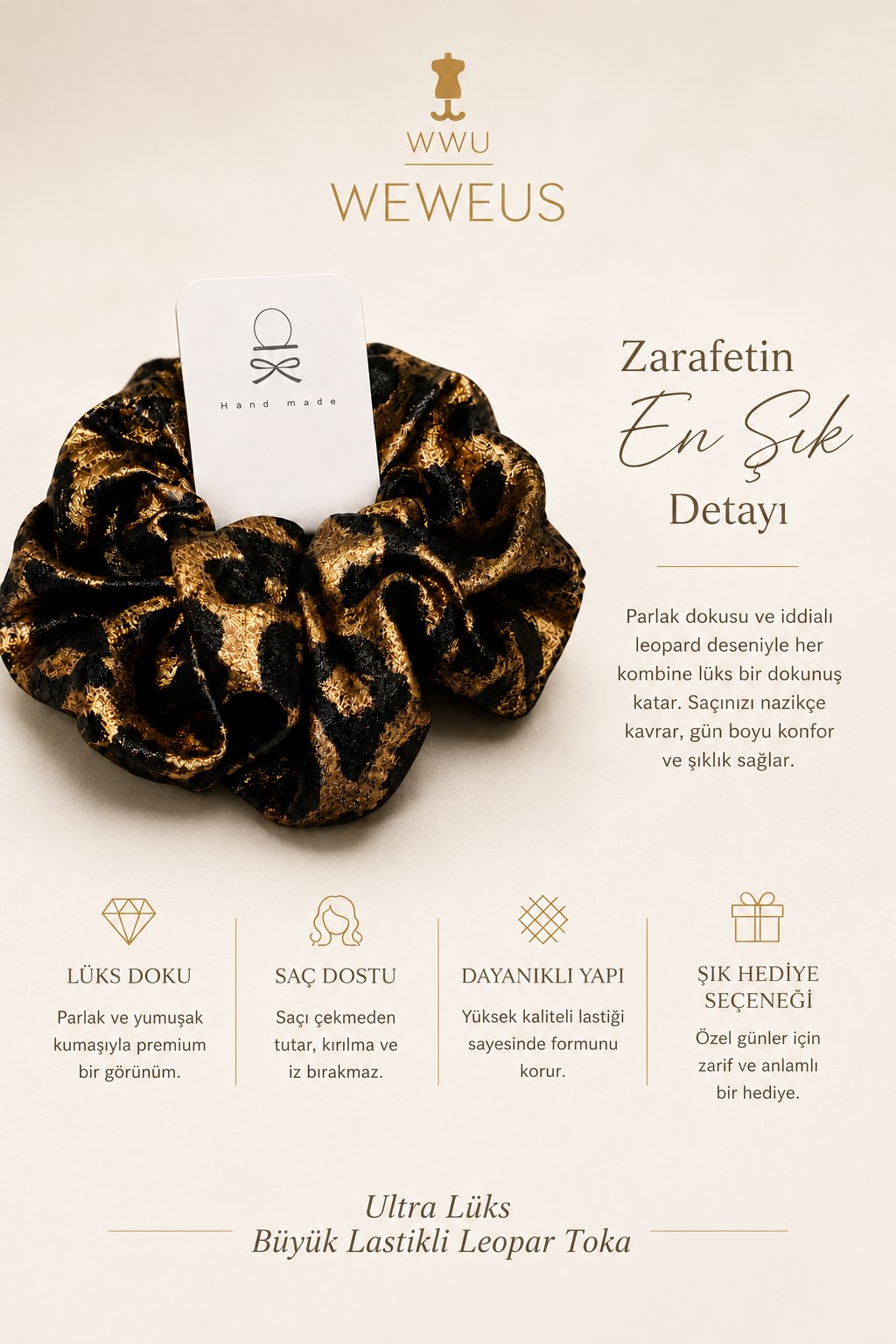 WeWeus Büyük Siyah Gold Leopar Premium Saten Lastik Scrunchie Toka