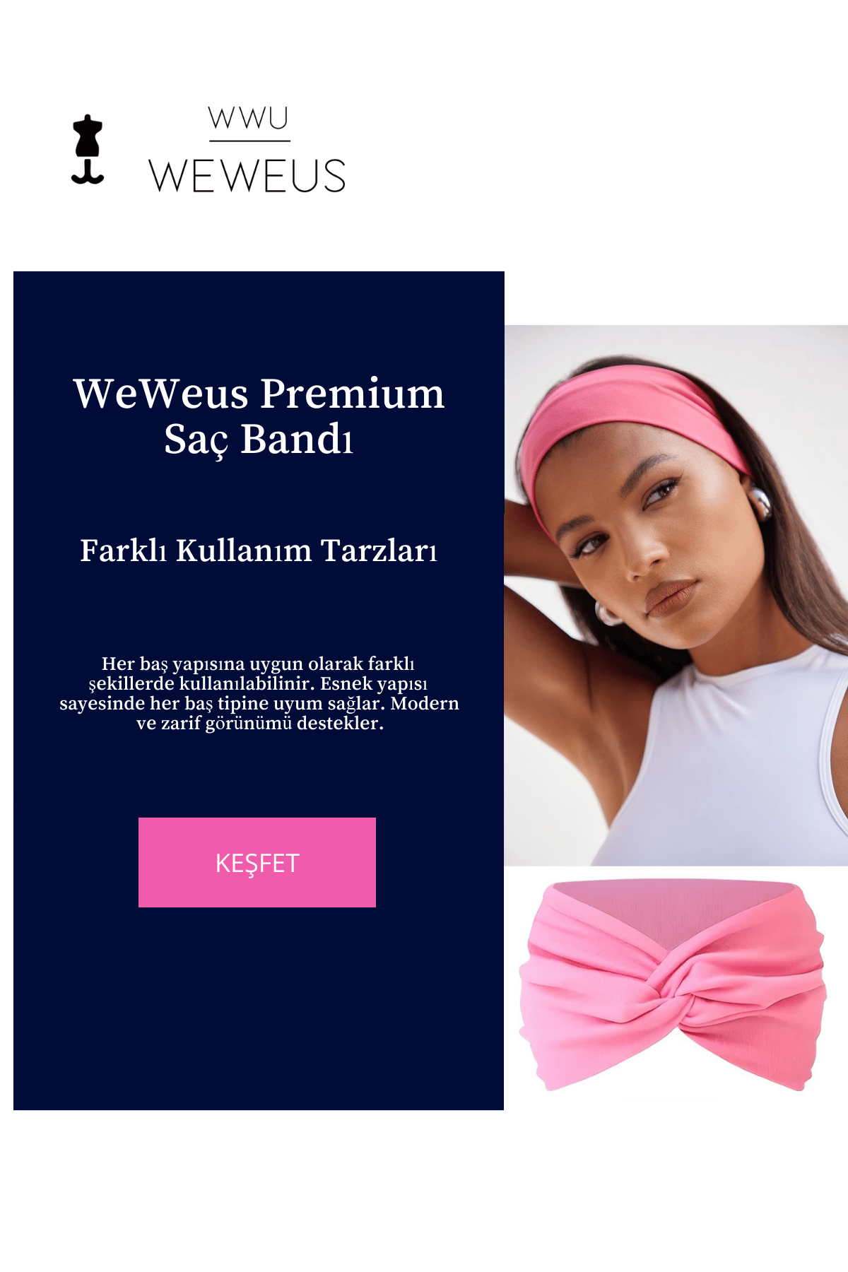 WeWeus Düz Pembe Premium Kadın Saç Bandı