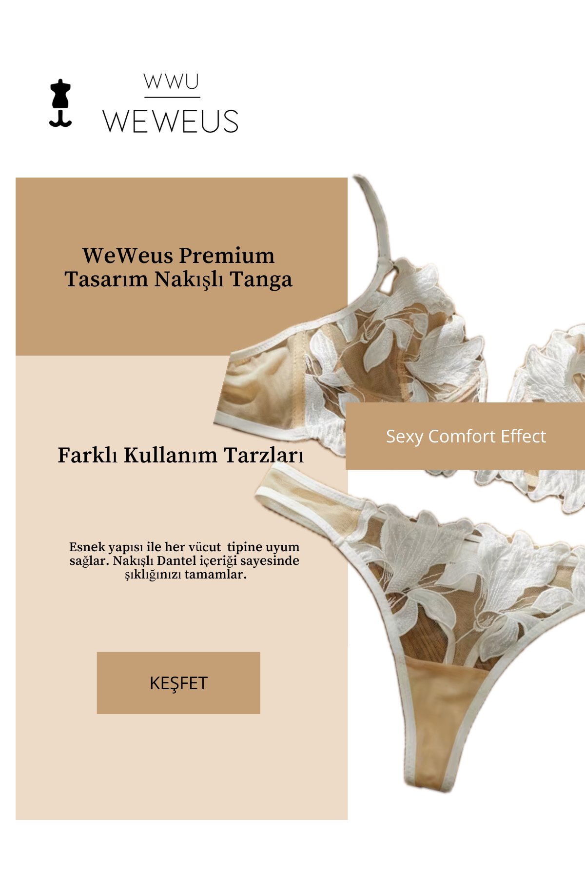 Weweus Ekru Kırık Beyaz Kadın Yaprak Nakışlı Dantelli Tül Tanga 2300