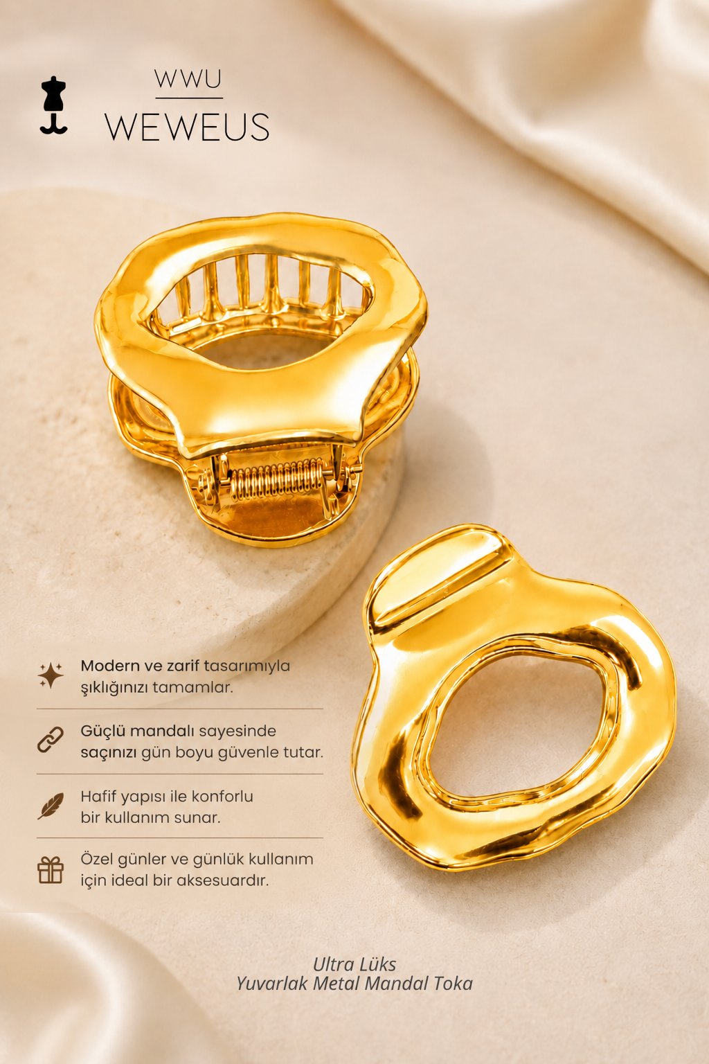 WeWeus Gold Altın Rengi Metal Lüks Yuvarlak Mandal Toka