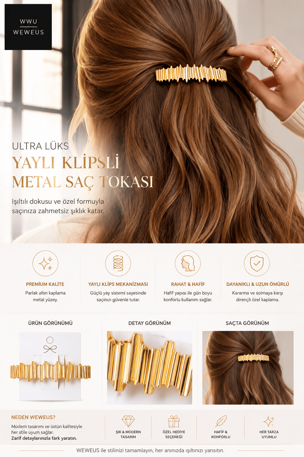 WeWeus Gold Yaylı Klipsli Metal Saç Tokası
