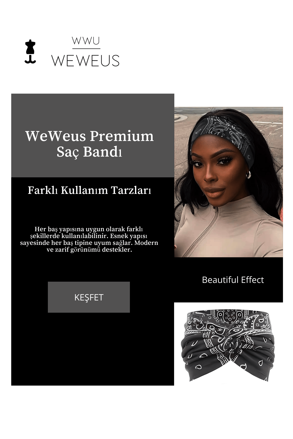 WeWeus Gri Damla Desen  Kadın Saç Bandı