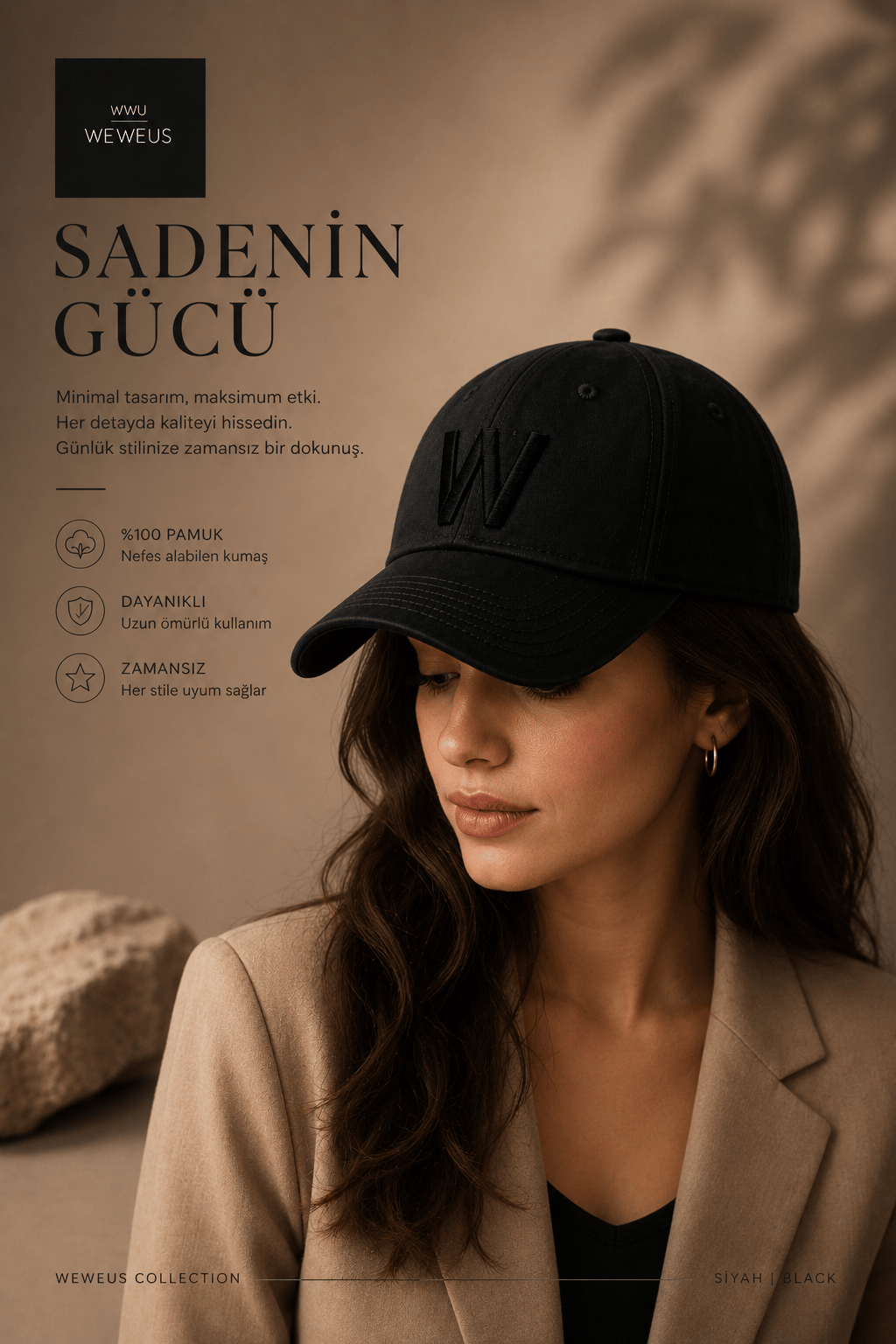 WeWeus Unisex Kadın Siyah W İşlemeli Siyah Lüks Spor Şapka