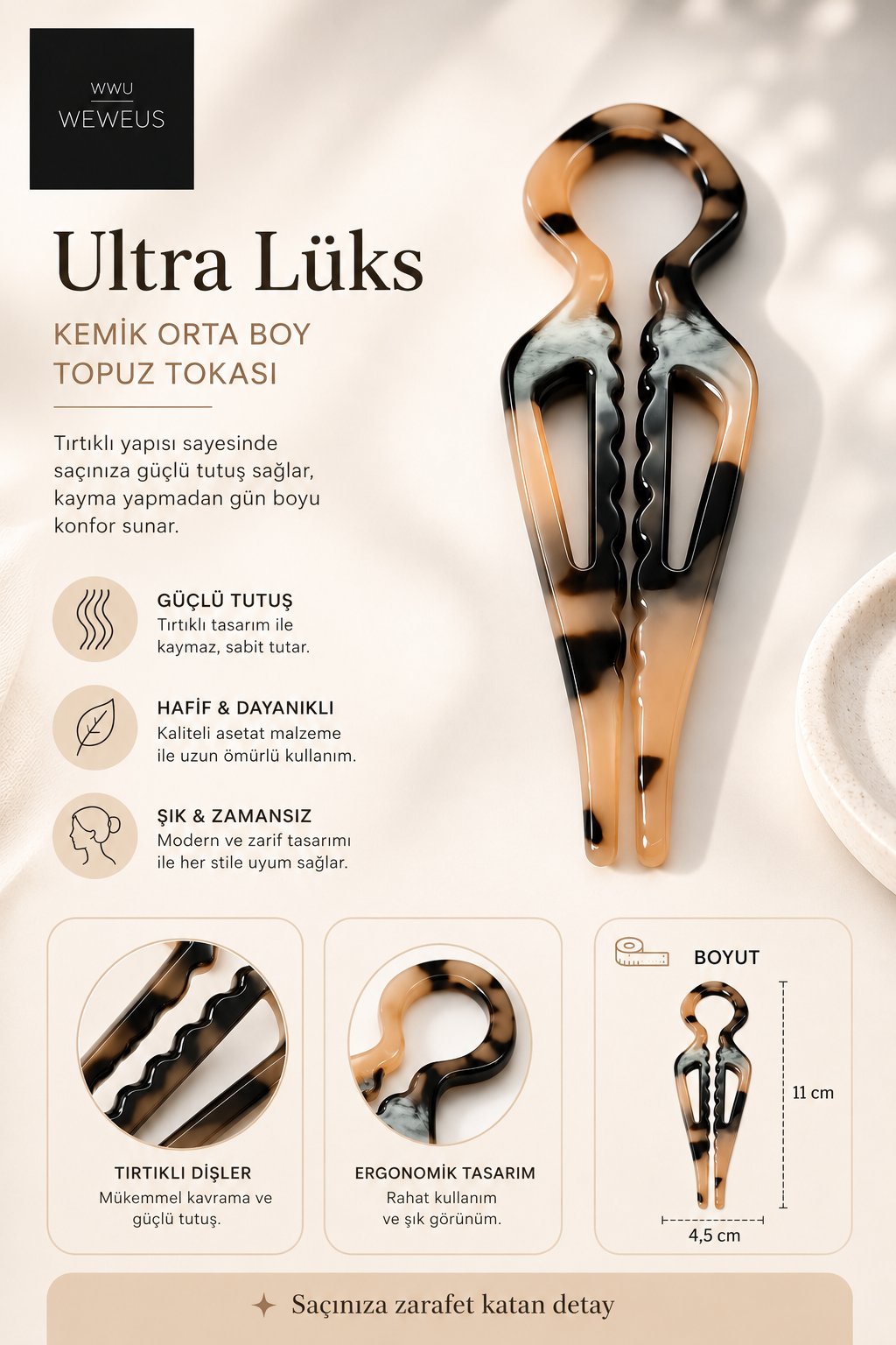 WeWeus Kahve Leopar Premium Kemik Topuz Saç Tokası-Saç Pini 11 cm