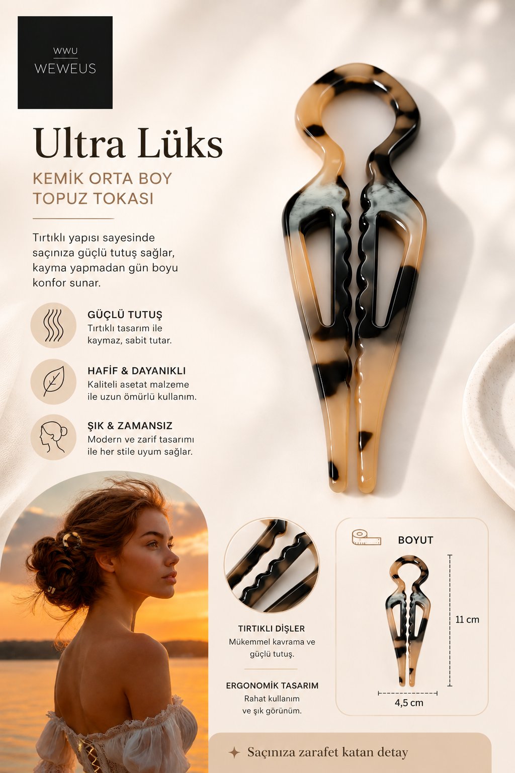 WeWeus Kahve Leopar Premium Kemik Topuz Saç Tokası-Saç Pini 11 cm