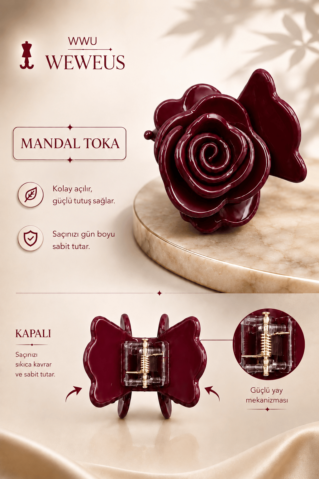 WeWeus Kemik Akrilik Bordo Premium Gül Mandal Toka