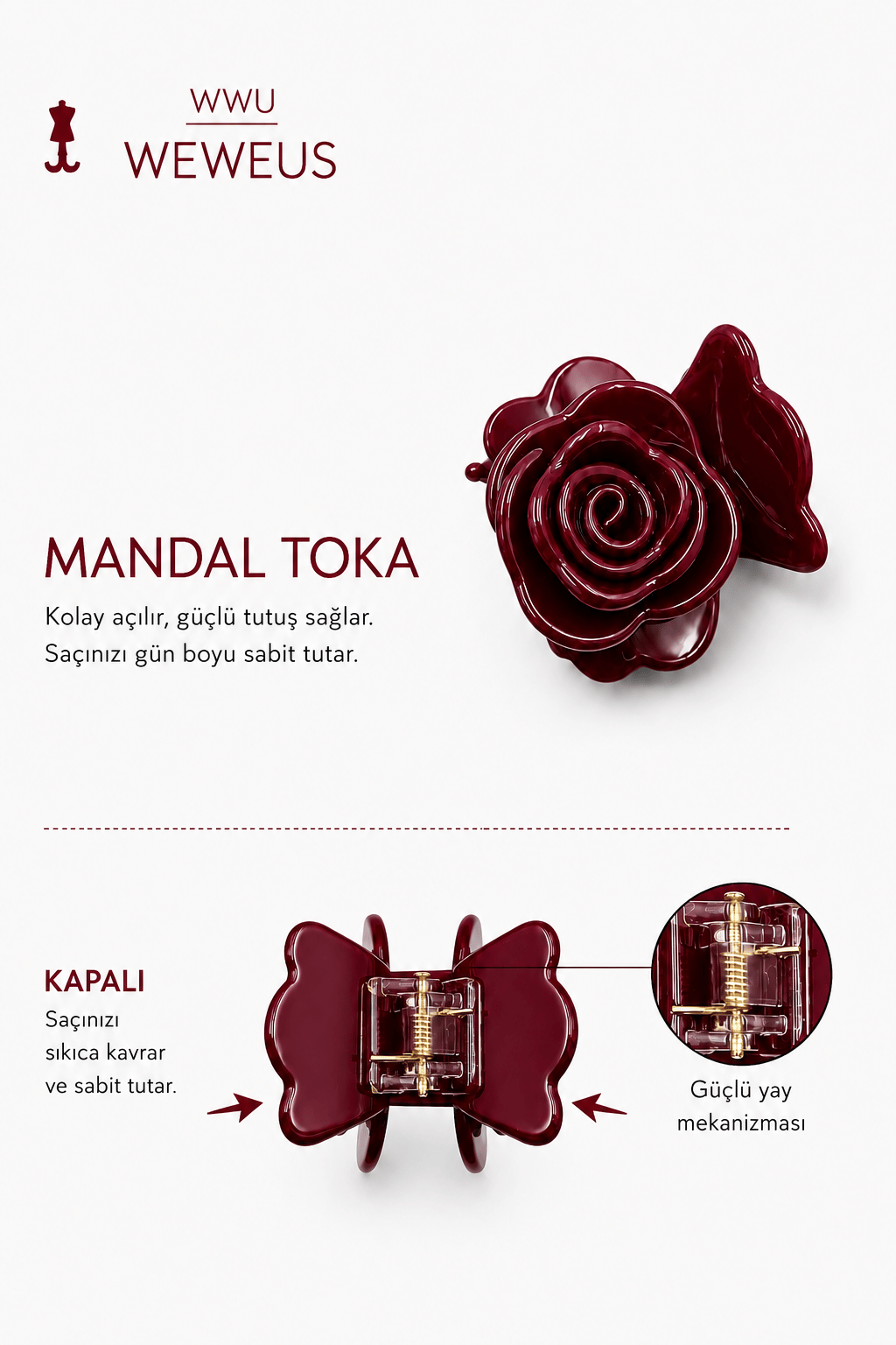 WeWeus Kemik Akrilik Bordo Premium Gül Mandal Toka
