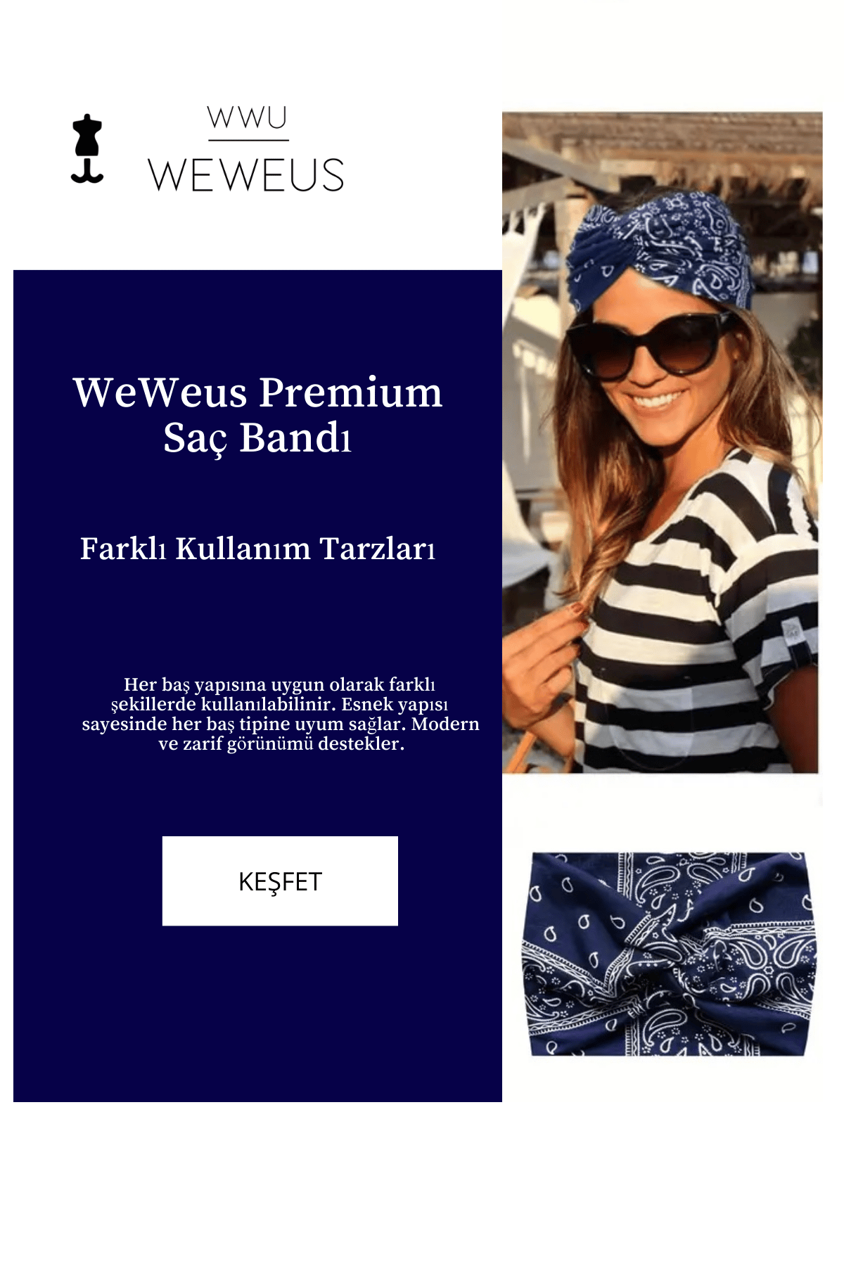 WeWeus Lacivert Damla Desen Premium Kadın Saç Bandı