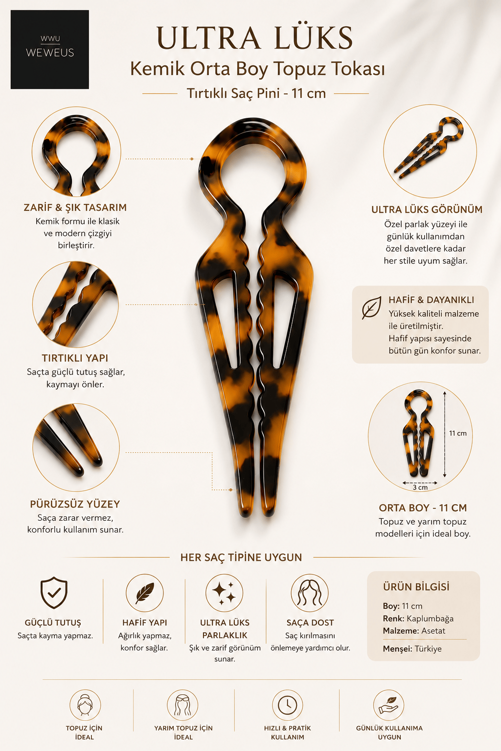 WeWeus Leopar Premium Kemik Topuz Saç Tokası-Saç Pini 11 cm