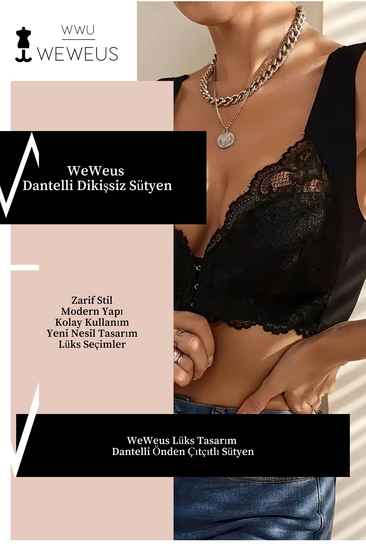 Weweus Siyah Önden Çıtçıtlı Dantelli Push Up Sütyen