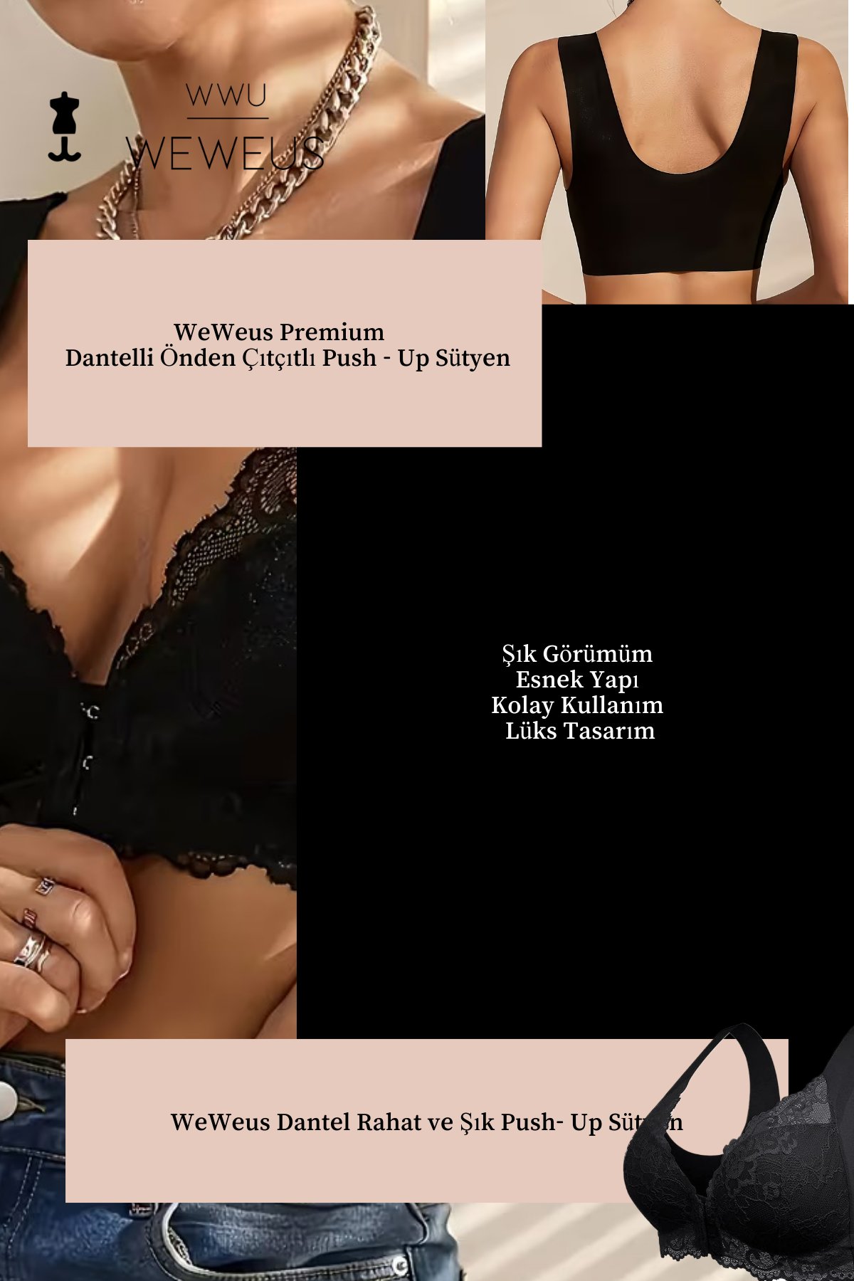 Weweus Siyah Önden Çıtçıtlı Dantelli Push Up Sütyen