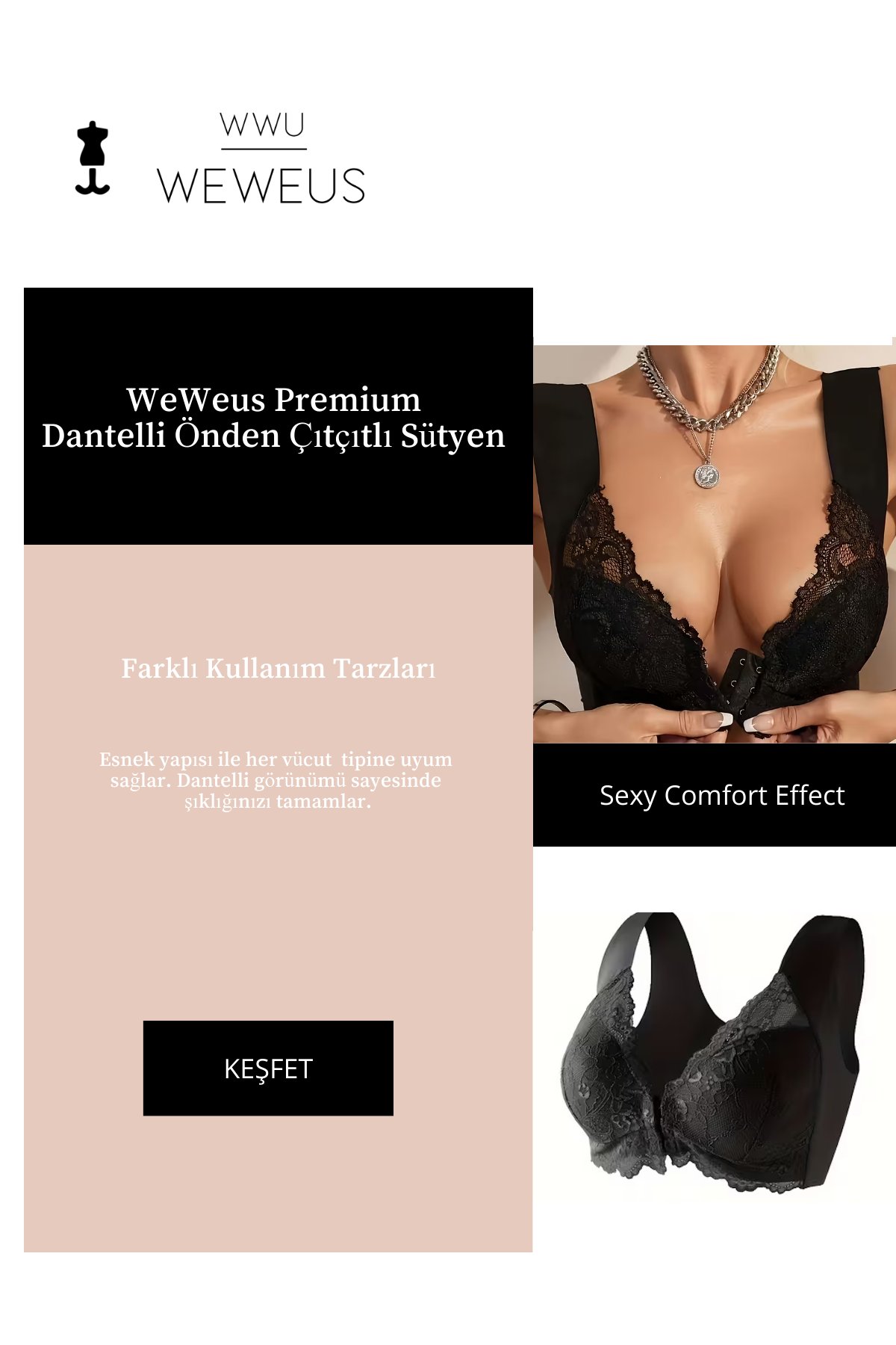 Weweus Siyah Önden Çıtçıtlı Dantelli Push Up Sütyen