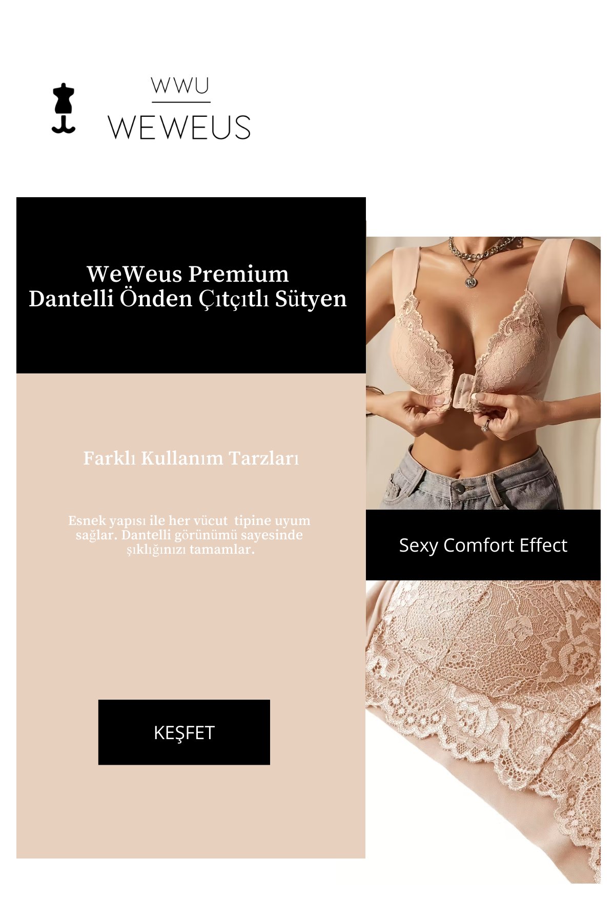 Weweus Ten Rengi Önden Çıtçıtlı Dantelli Push Up Toparlayıcı Sütyen
