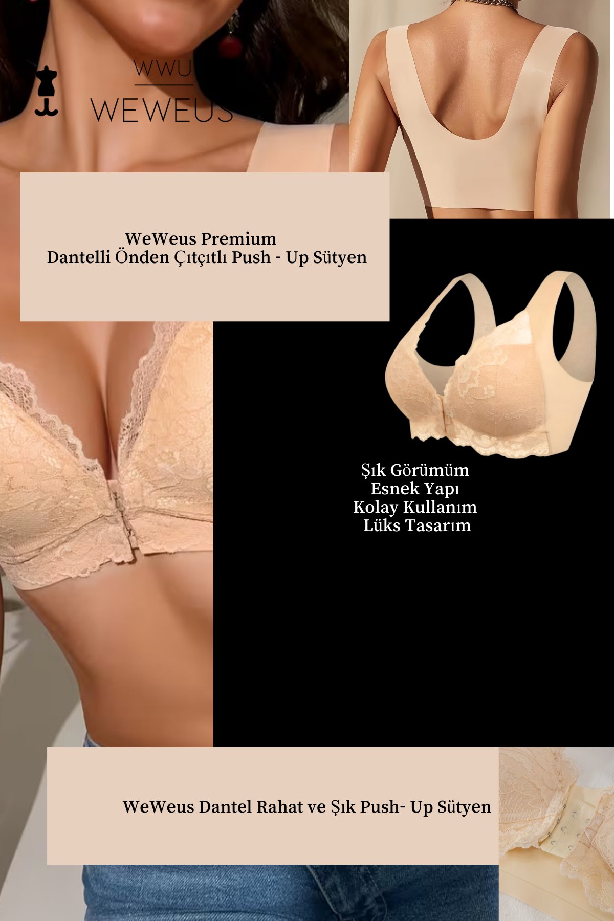 Weweus Ten Rengi Önden Çıtçıtlı Dantelli Push Up Toparlayıcı Sütyen