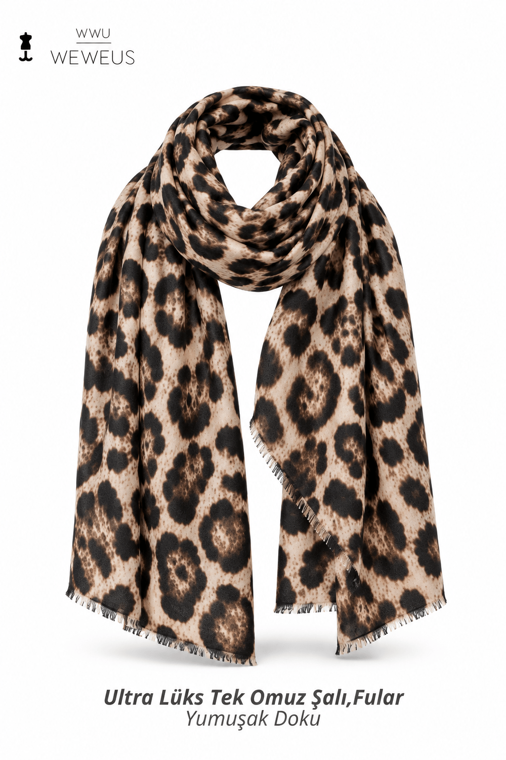 WeWeus Ultra Lüks Bej Leopar Desen Omuz Şalı & Fular & Baş Örtüsü 90x180 cm