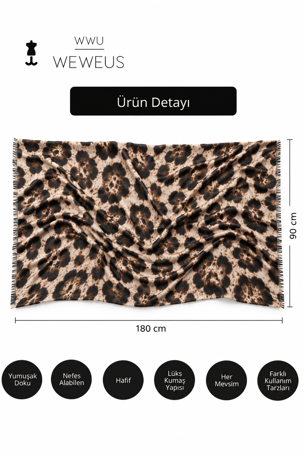 WeWeus Ultra Lüks Bej Leopar Desen Omuz Şalı & Fular & Baş Örtüsü 90x180 cm
