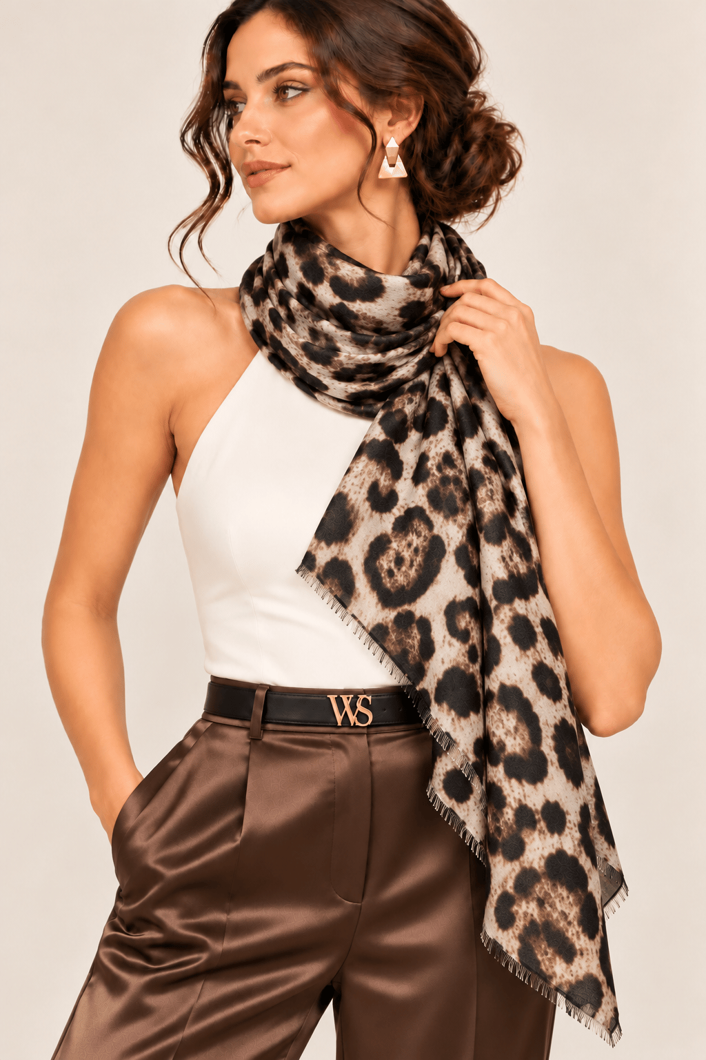 WeWeus Ultra Lüks Bej Leopar Desen Omuz Şalı & Fular & Baş Örtüsü 90x180 cm