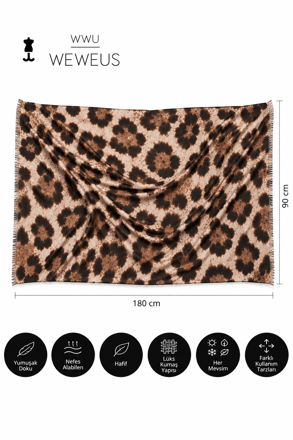 WeWeus Ultra Lüks Kahve Leopar Desen Omuz Şalı & Fular & Baş Örtüsü 90x180 cm