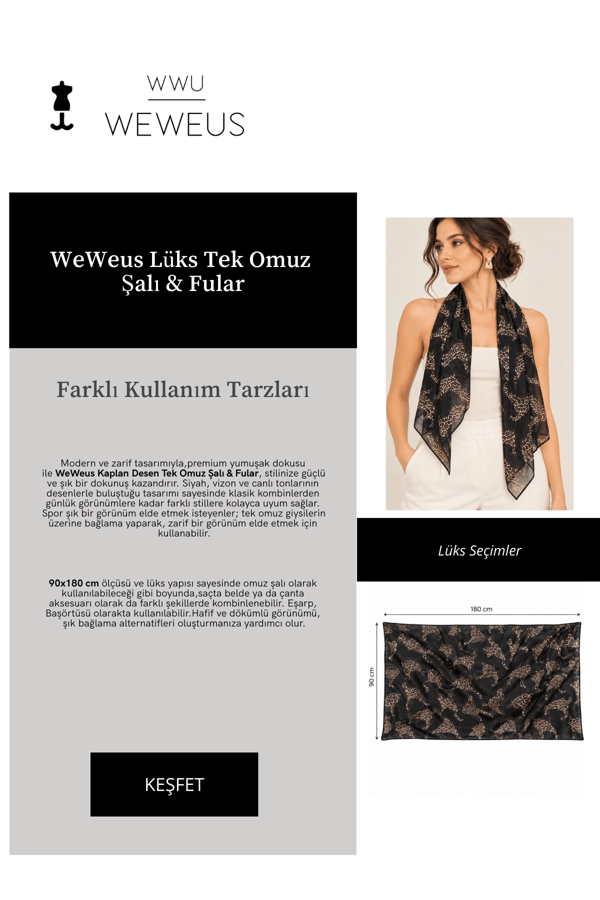 WeWeus Ultra Lüks Kaplan Desen Tek Omuz Şalı & Fular 90x180 cm
