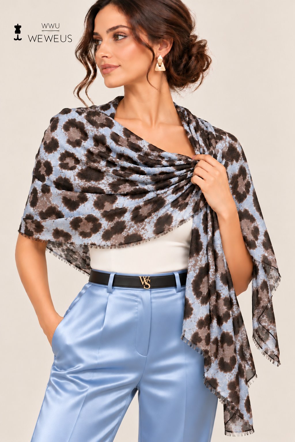 WeWeus Ultra Lüks Mavi Gri Leopar Desen Omuz Şalı & Fular & Baş Örtüsü 90x180 cm