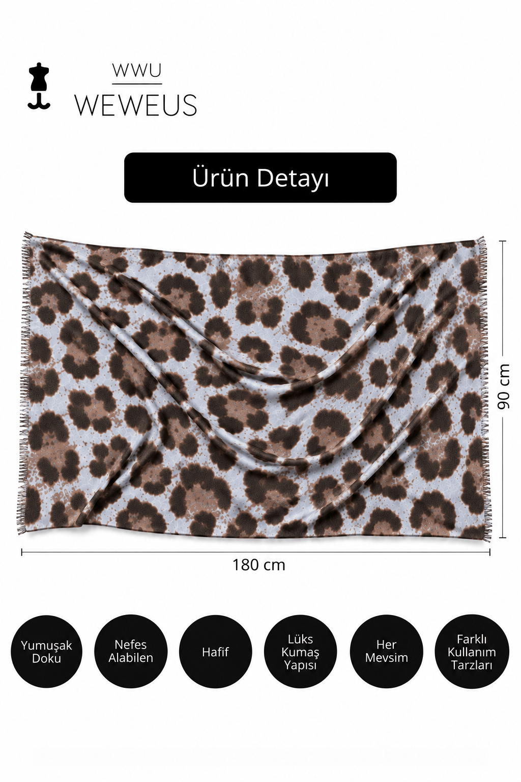 WeWeus Ultra Lüks Mavi Gri Leopar Desen Omuz Şalı & Fular & Baş Örtüsü 90x180 cm