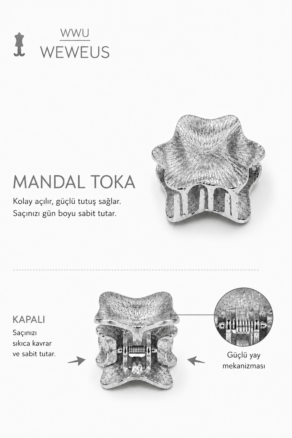 WeWeus Yıldız Gri Parlak Metal Mini Premium Mandal Toka