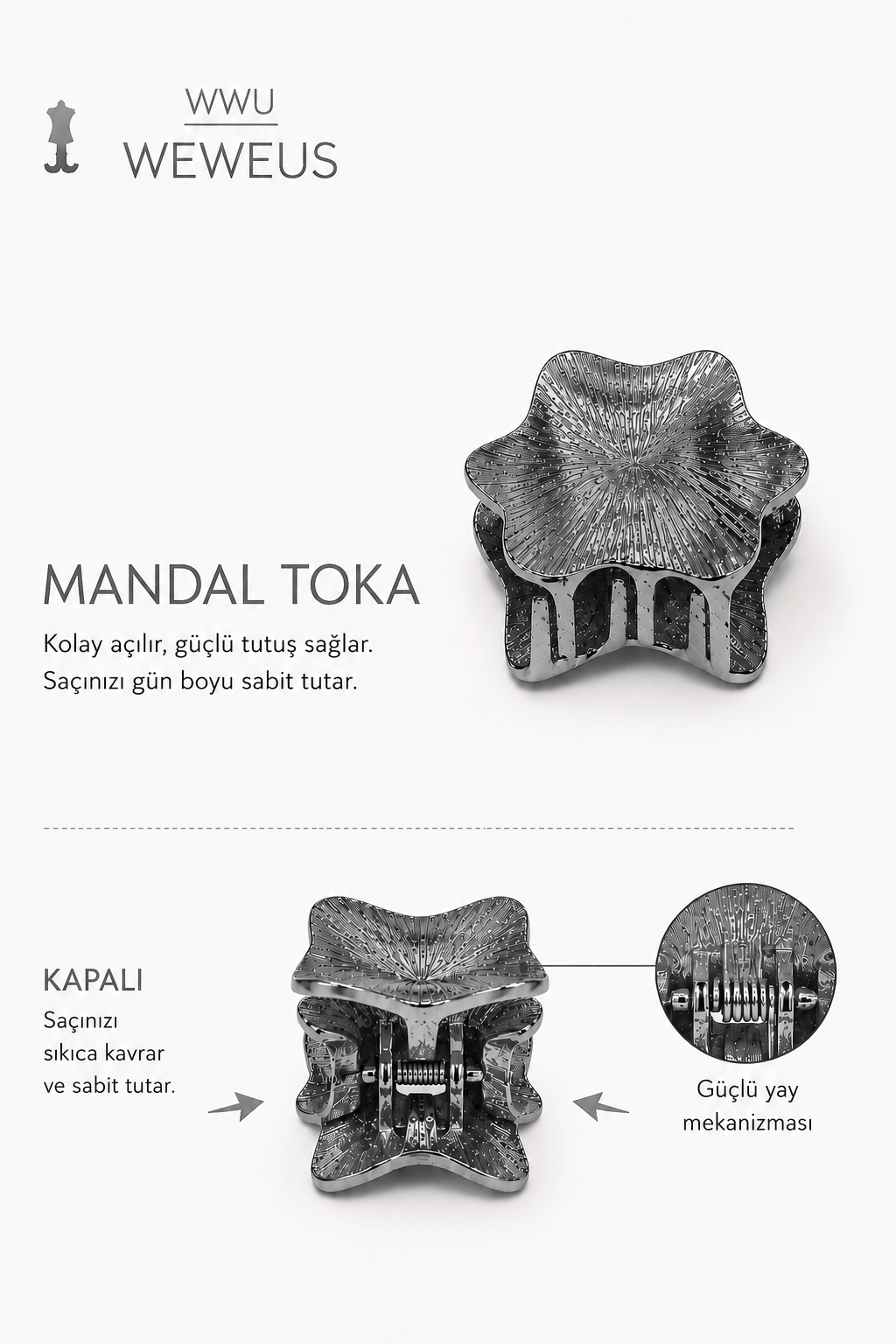WeWeus Yıldız Koyu Gri Parlak Metal Mini Premium Mandal Toka