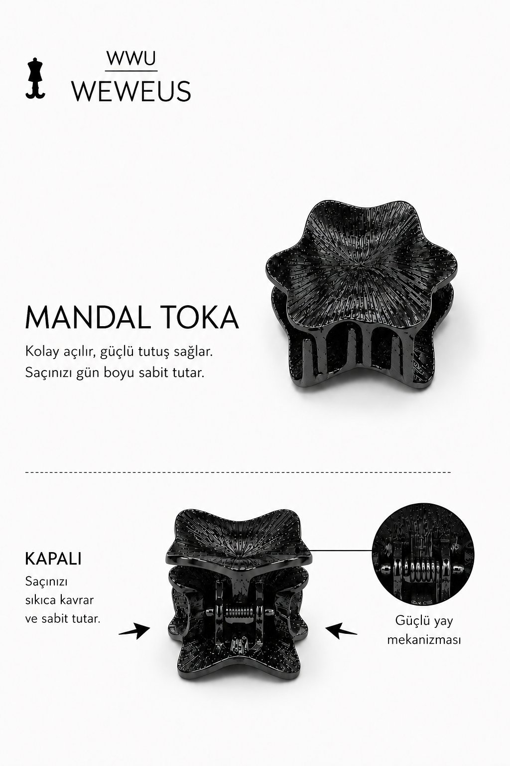 WeWeus Yıldız Siyah Parlak Metal Mini Premium Mandal Toka