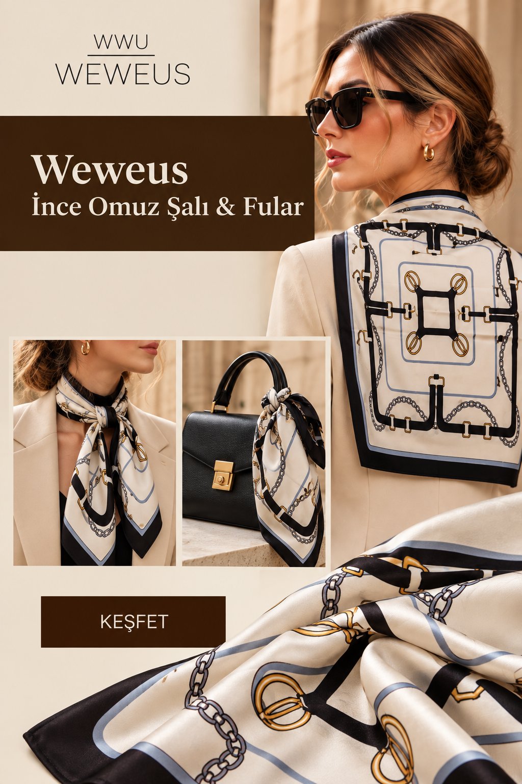 WeWeus Zincir Desen İnce Omuz Şalı & Fular 90x90 cm