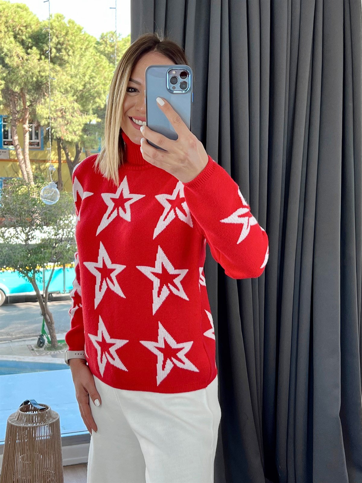 Balıkçı Yaka Yıldız Desen  Kazak Kırmızı