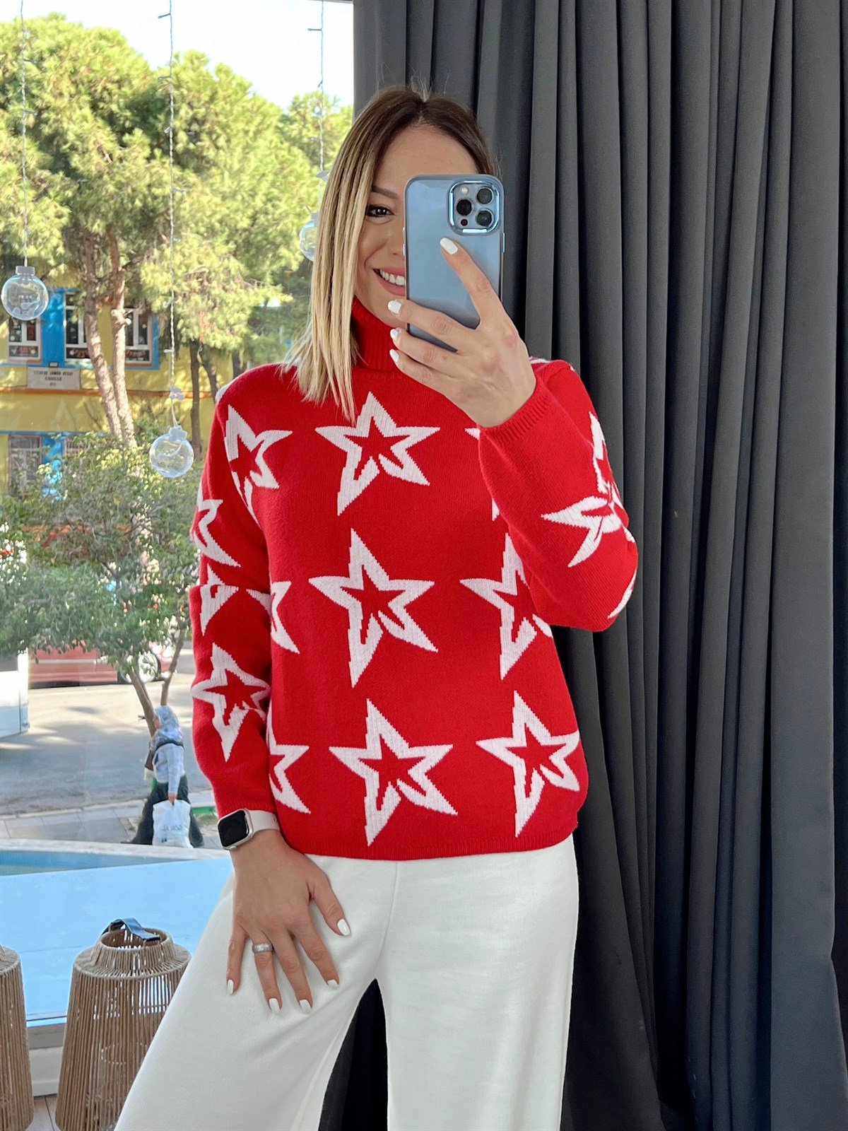 Balıkçı Yaka Yıldız Desen  Kazak Kırmızı