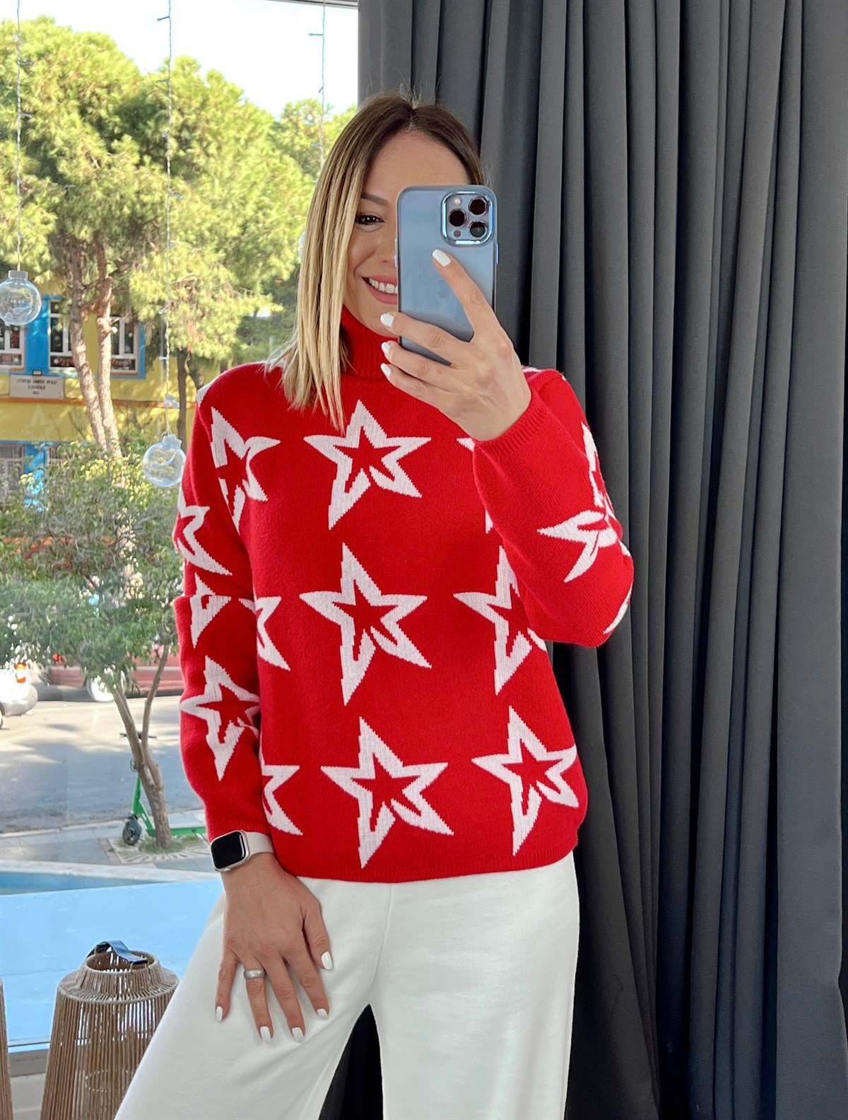 Balıkçı Yaka Yıldız Desen  Kazak Kırmızı