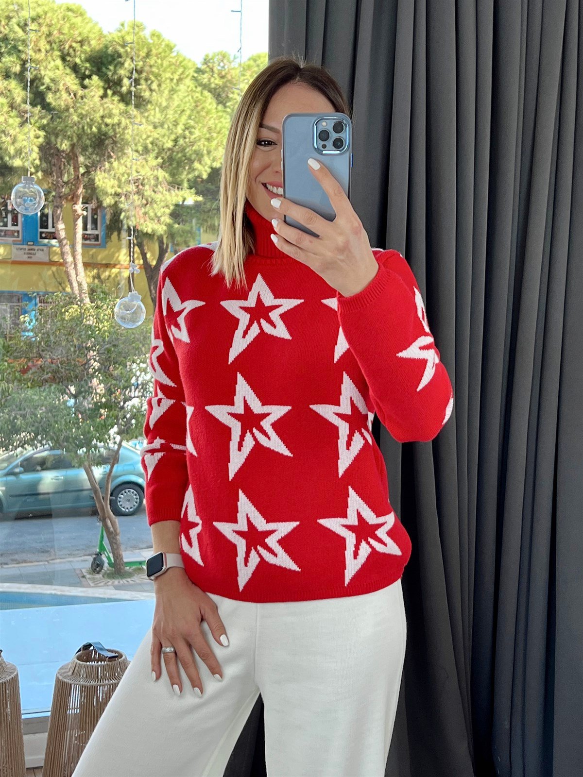 Balıkçı Yaka Yıldız Desen  Kazak Kırmızı