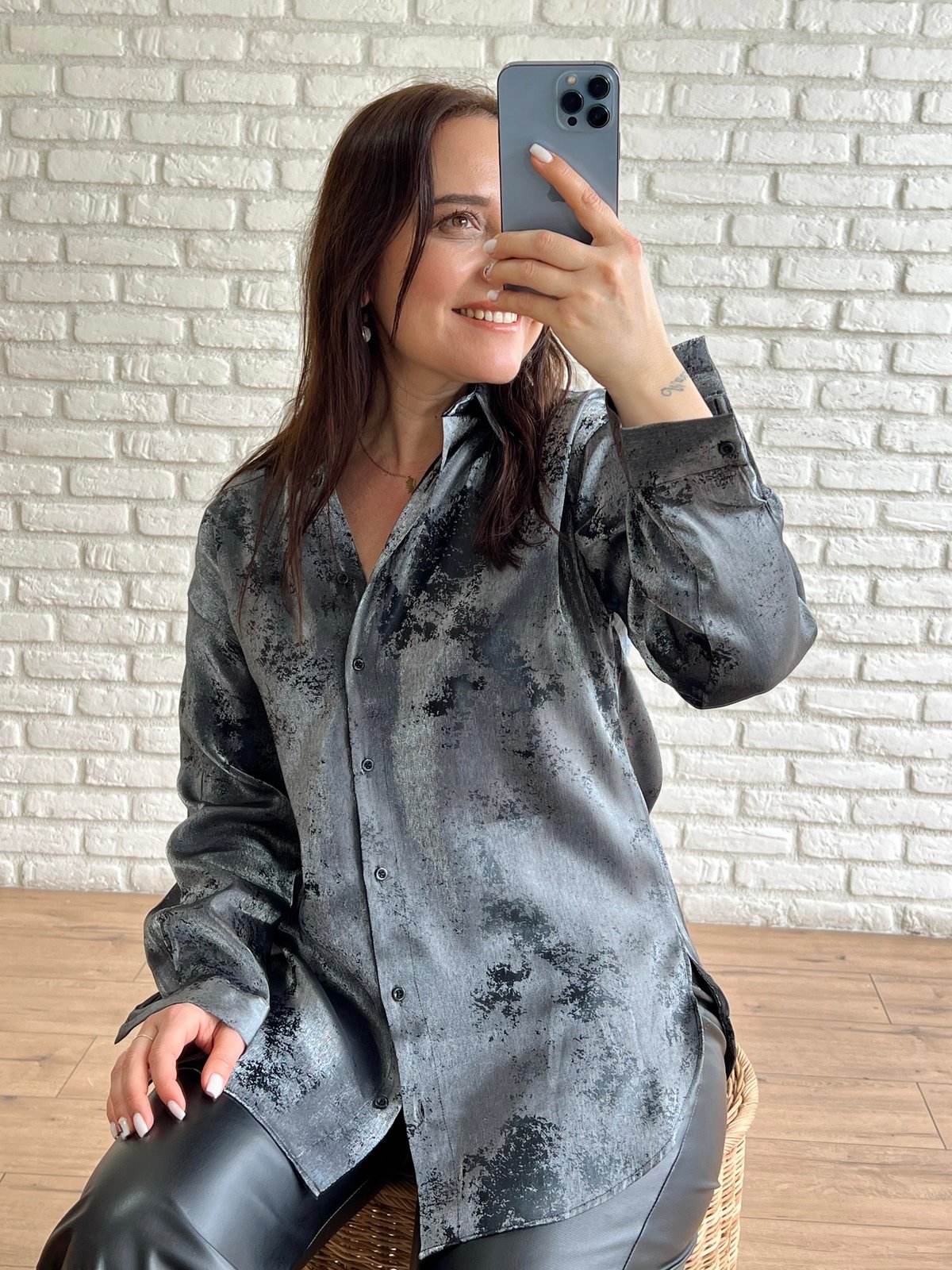 Buzul Saten Varak Baskılı Gömlek ANTRASİT
