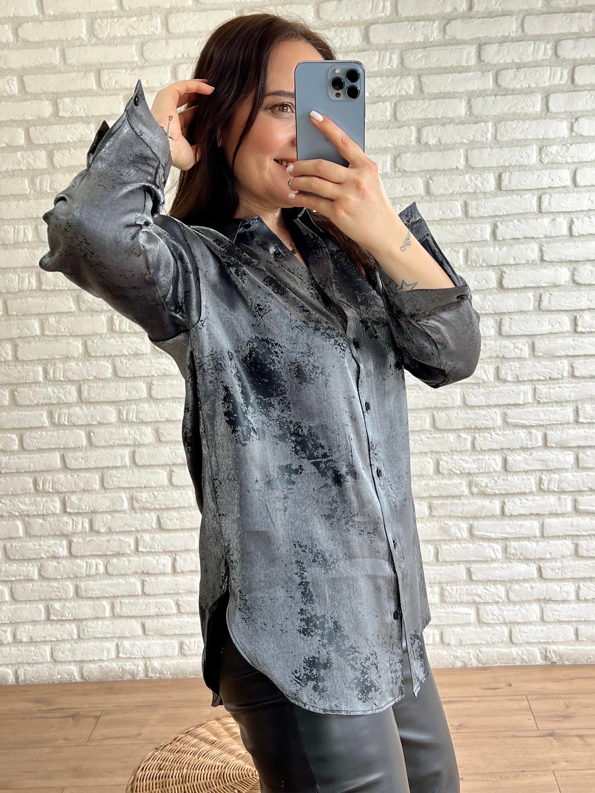 Buzul Saten Varak Baskılı Gömlek ANTRASİT