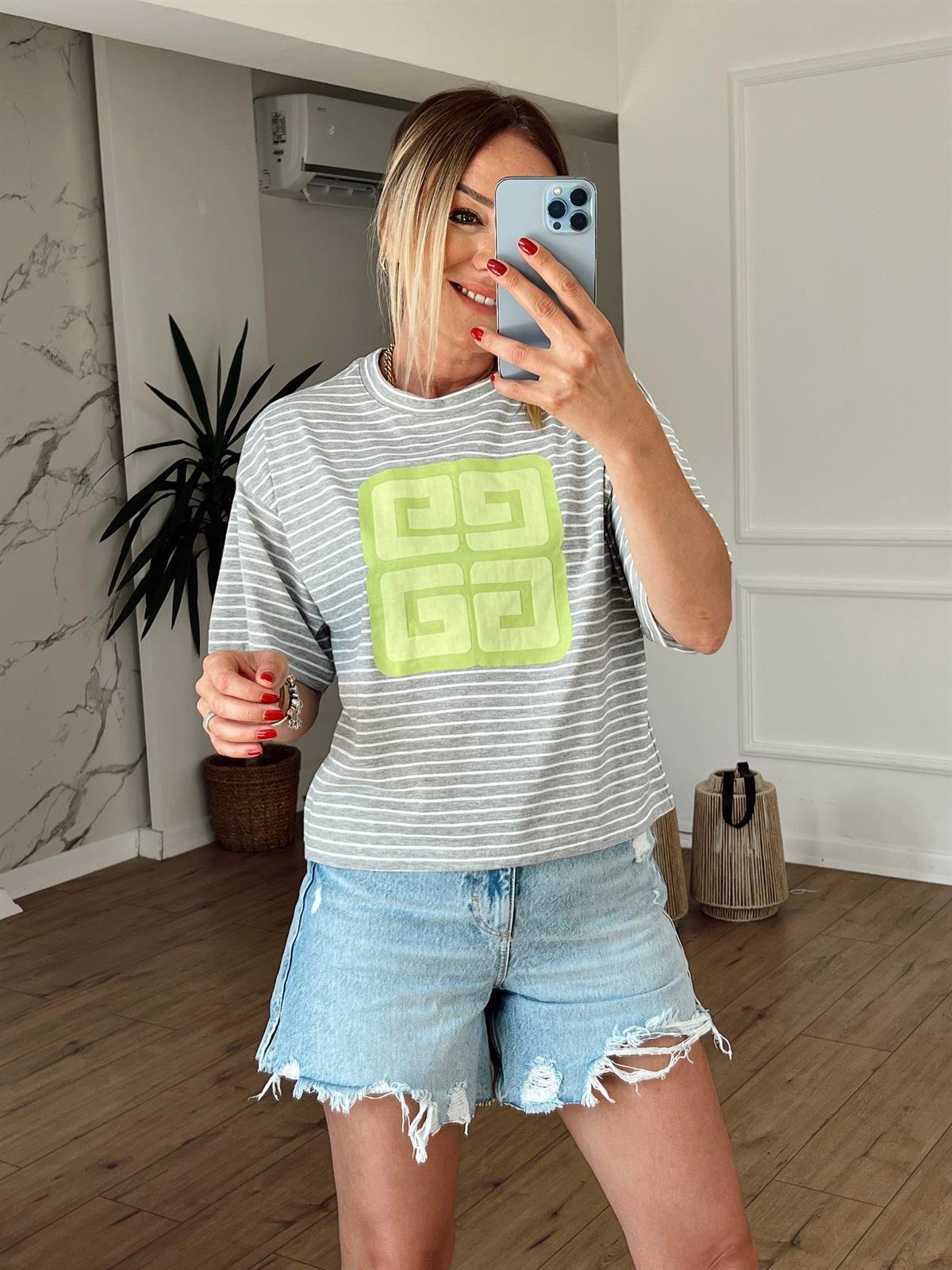 Çizgili Ön Baskılı Tshirt GRİ